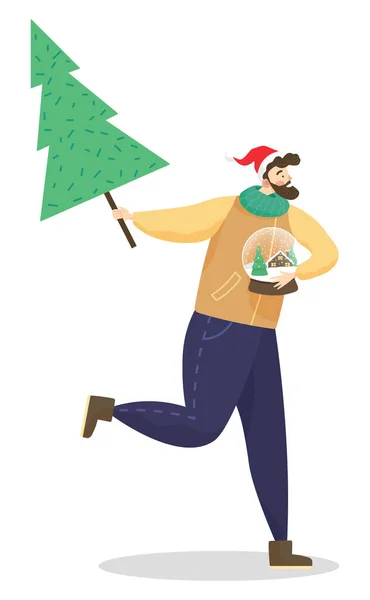 stock vector Male personage running with xmas tree in hands. Bearded man holding snow globe with winter landscape inside. Preparation for christmas and greeting with new year holidays. Vector in flat style