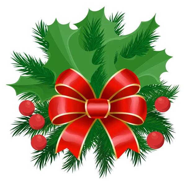 Symbolická Vánoční Výzdoba Izolované Jmelí Jedlovými Větvemi Borovým Kuželem Červenou — Stockový vektor
