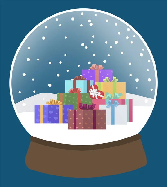 雪の結晶と冬の風景と雪の地球 クリスマスの装飾や冬の休日の伝統的な贈り物 内側にプレゼント付きのガラス球で雪が降る クリスマスと新年のお祝いベクトル — ストックベクタ