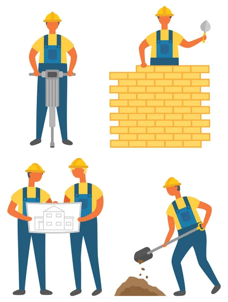 Travailleurs Outils Vecteur Construction Travaux Construction Terrain Forage Mur Briques — Image vectorielle