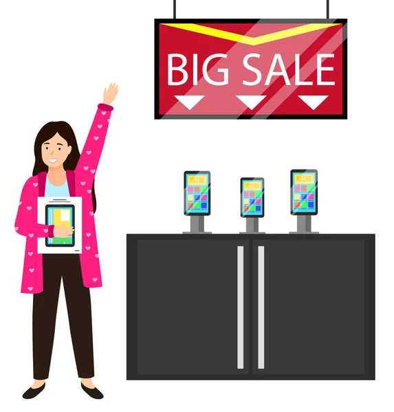 stock vector Small girl holding new purchase, isolated female character holding smartphone in box. Big sale at electronics store. Discounts at market, clearance and consumerism. Best deal for shopper vector