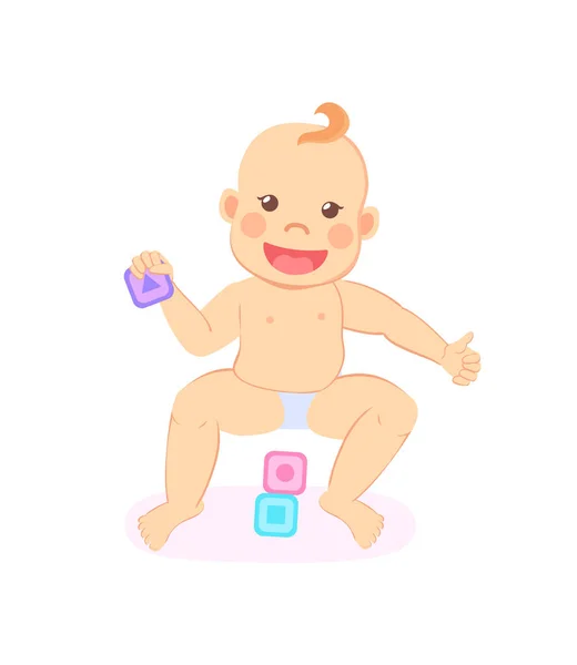 Smiling Baby Playing Wooden Blocks Isolated Vector Milestones Kid Constructing — Stock Vector