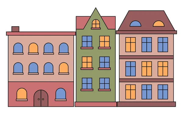 Reihenhäuser Isolierte Gebäude Mit Fenstern Und Licht Ihnen Vorstädtische Häuser — Stockvektor