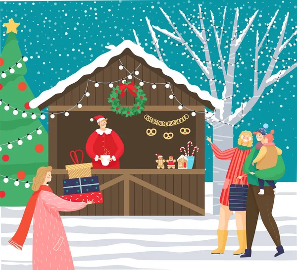 市内のクリスマスマーケット 人々は夕方には 箱の中にプレゼントを運ぶ歩く お土産や食べ物でキオスク 頂上にはガーランドと星のある松の木が飾られています 村のベクトルの降雪 — ストックベクタ