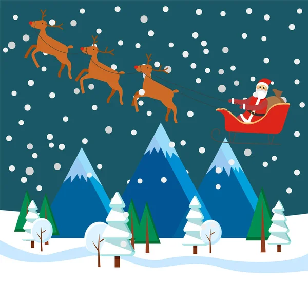 Christmas holidays with Santa Claus in carriage riding with reindeers. Xmas night with snowing weather and winter landscape above. Trees and mountains covered with snow. Christmas character vector