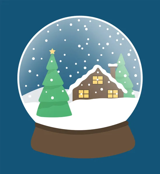 ガラスと木で作られた雪の地球 雪景色と伝統的なクリスマスのおもちゃ 松の木と家の夜 クリスマスのお祝いと挨拶のための雪玉 バブル装飾 フラットのベクトル — ストックベクタ
