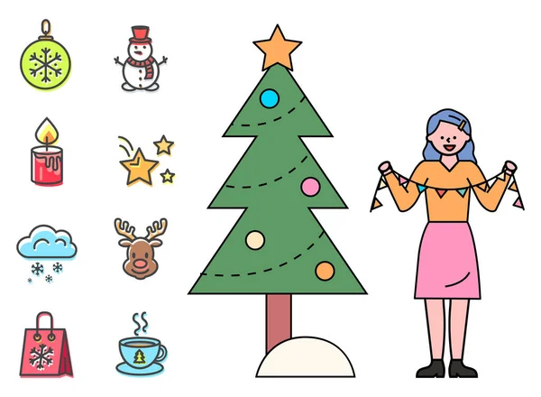 Vektor Zur Weihnachtsvorbereitung Isolierte Reihe Von Weihnachtssymbolen Flachen Stil Frau — Stockvektor