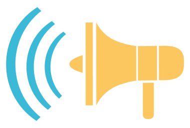 Megafonla çalışan bir araç, megafon medya reklamcılığının izole edilmiş bir simgesi ve promosyonu. Dalgalı ve yüksek sesli altın bir alet. Çizgi film tarzında vektör illüstrasyonu