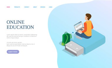 Bilgisayarlı, üç boyutlu, canlı yayın ikonları, sırt çantası ve şişe taşıyan birinin çevrimiçi eğitimi. Elektronik çalışma, bilgisayardaki insan yazıları. Çizgi film tarzında vektör illüstrasyonu