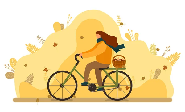 Woman Riding Bicycle Autumn Forest Vector Girl Going Home Gathering — Stock Vector