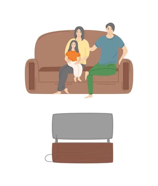 テレビを見ている人たちが集まり 男と女がソファに座り 子供がテレビの画面を見て番組や放送を楽しんでいます 平面漫画風のベクトルイラスト — ストックベクタ