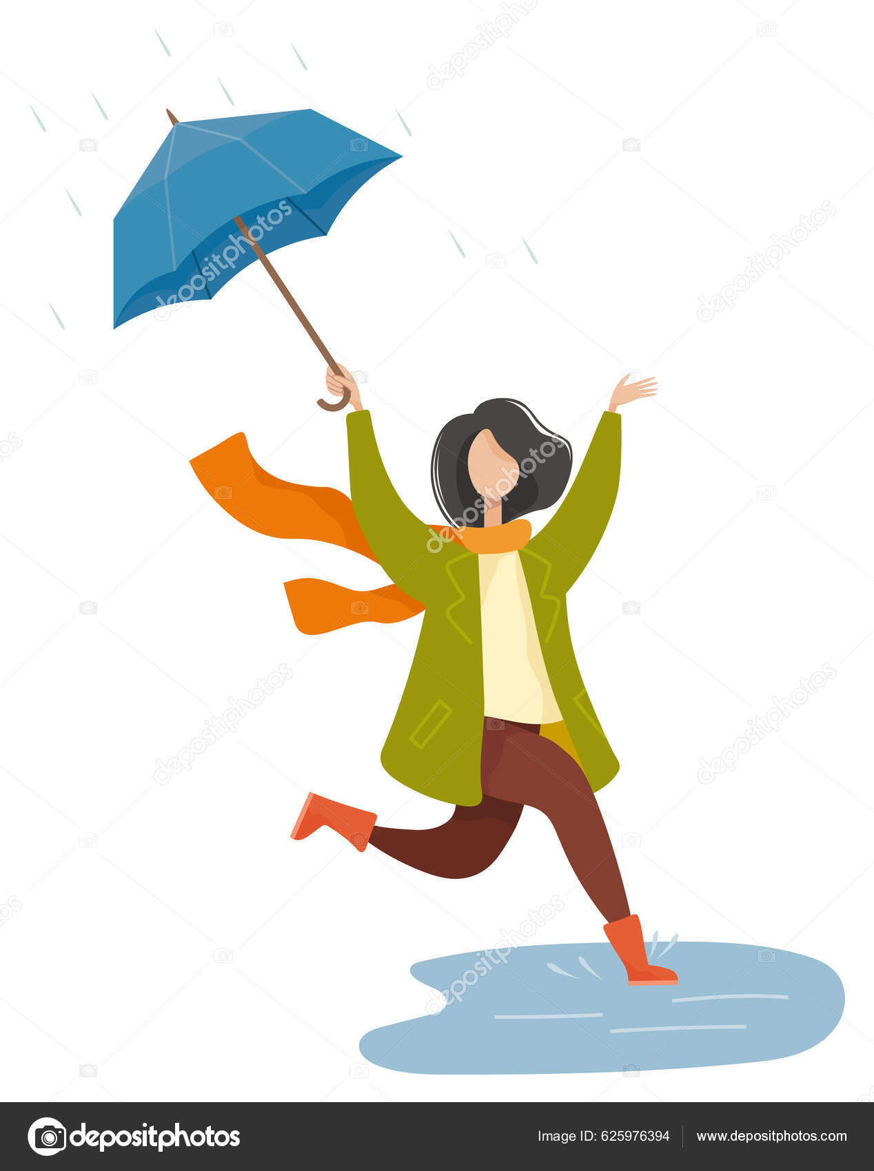 Ευτυχισμένη Γυναίκα Που Κρατάει Ομπρέλα Και Περπατάει Στη Βροχή Γυναικείος  Διανυσματικό Αρχείο από ©robuart625976394