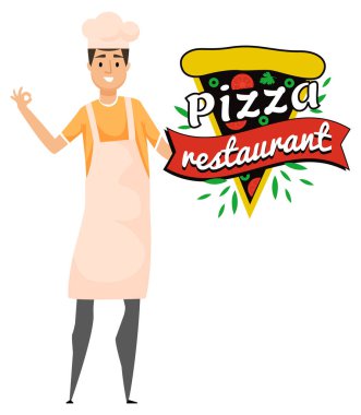 Pizza restoranı logosu ve şapka izole edilmiş pizzacı ya da kafe logosu tasarımında fırıncı. Fast food atıştırmalığı ve fırın şefi aşçı tamam işareti gösteriyor, mutfakçı. Çizgi film tarzında vektör illüstrasyonu