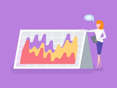 Bilgi vektörlü kağıttan yapılmış bir pano, iş projesinin bilgi verilerini sunan bir kadın. Elinde pano olan iş kadını akış şemasını gösteriyor