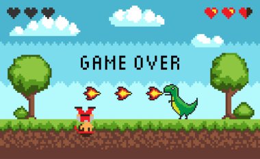 Computer pixel game interface, pixalated defeated personage near dinosaur with fire, 8 bit portrait view of fight monster and character, hero battle in video-game, you lose duel, game over text clipart