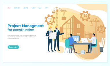 Proje yönetimi ve inşaat vektörü, planlı ve planlı insanlar, dizüstü bilgisayarlar üzerinde çalışan uygulamalar. Web sitesi veya web sayfası şablonu, iniş sayfası düz biçimi