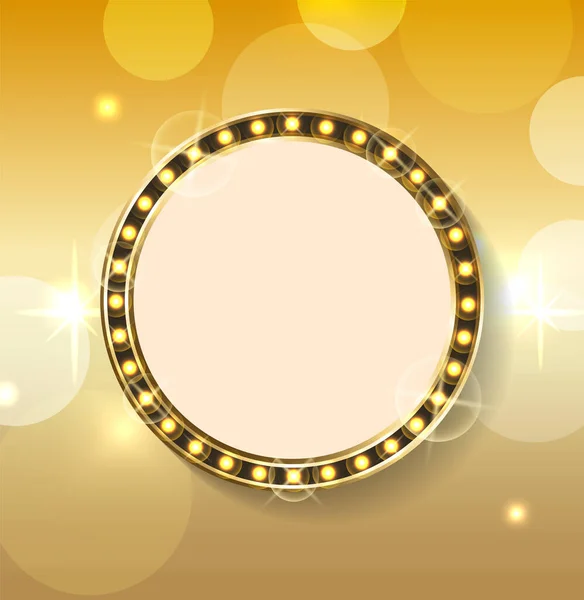 stock vector Empty banner with space for text vector, frame isolated on bokeh background. Luxury gold style of framed circle with bulbs, lightbulbs gilded form