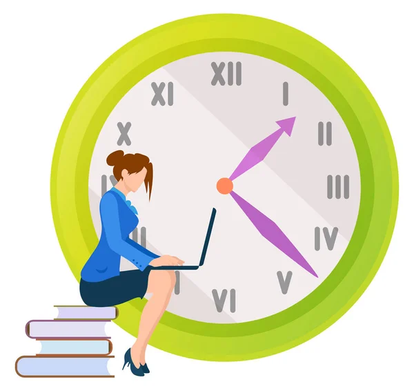女性角色工作者矢量 女士坐在图书出版物上看着笔记本电脑屏幕 有截止日期的时钟 工作项目管理控制 — 图库矢量图片