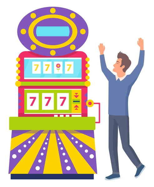 ギャンブラー勝利ゲーム機 カラフルなカジノ機器の777アイコン ギャンブルのコンピューターの近くに立つ笑顔の男ビジネスの成功幸運な人ベクトル — ストックベクタ