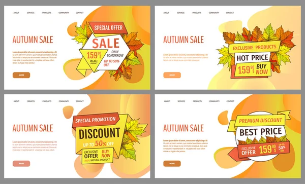 stock vector Set of cards with seasonal proposition from store, vector. Shop sale in autumn. Autumnal offer discounts. Fall leaves with gold tags. Flyer hot price and lowered cost, promotion premium quality goods