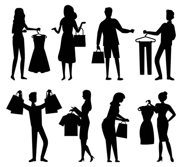 Άντρας Και Γυναίκα Κρατούν Κρεμάστρα Ρούχα Άνθρωποι Αγορά Πώληση Παλιά — Διανυσματικό Αρχείο