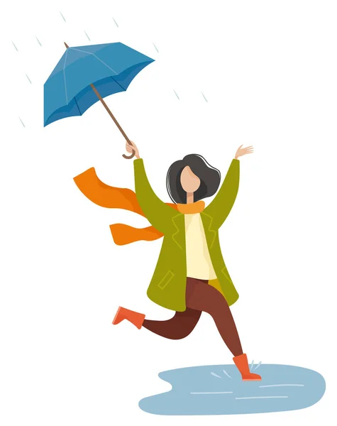 傘を持って雨の中を歩く幸せな女性 スカーフとコートを身に着けている女性の文字が水に飛び込む 秋の公園で雨の天気 通りに行く人 秋の公園のベクトルの季節の天気 — ストックベクタ