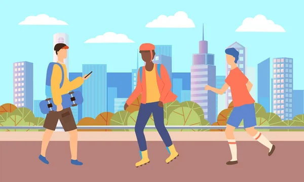 Pessoas Caminhar Parque Cidade Homem Correr Pela Relva Tipo Capacete — Vetor de Stock