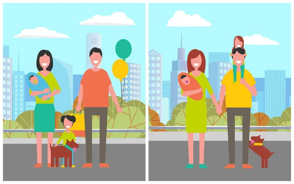 公园放松 男人和女人带着狗在城里散步 绿地和城市地区的自然 男男女女带着孩子和气球度假 平面卡通风格的矢量插图 — 图库矢量图片