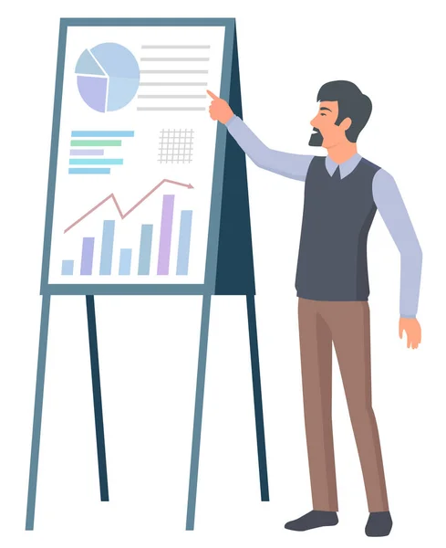 Male character and business project development. Business guy presenting report with statistical growth, management and cooperation concept. Vector illustration in flat cartoon style