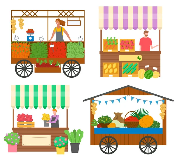 Conjunto Tendas Comerciais Com Pessoas Que Vendem Vegetais Frescos Flores — Vetor de Stock