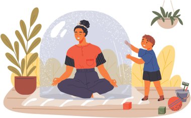 Kadın evde yoga yapıyor. Anne ve çocuk evde egzersiz yapıyor. Hobisi için ebeveyn için kişisel zaman kavramı. Kadın cam kubbenin altında oturuyor, meditasyon yapıyor, kendini sinir bozucu oğlandan koruyor.