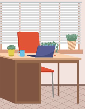 Çalışanların örgütlenme yeri. Worspace oda tasarımı, ofiste çalışmak için yer. İçi bilgisayar ve sandalyeli mobilya masası düzenlemesi. Evde teknolojiyle çalışmak için uygun bir yer