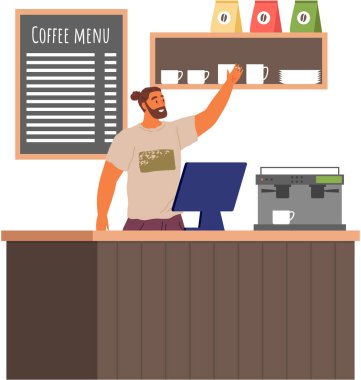 Kahve dükkanındaki tezgahta erkek satıcı var. Kurum çalışanı ziyaretçilere hizmet etmeye hazır. Kafenin içinde. Kafeteryada ya da kahvecide barista ve müşteri, öğle yemeğinde restoranda ziyaretçi