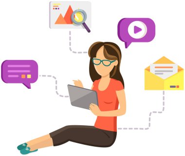 Mesafe çalışması, serbest çalışma ve internet sörfü. Bilgi işlem müdürü, tasarımcı, geliştirici beyin fırtınası, sohbet. Dijital zihin haritası konseptiyle çalışıyorum. Tableti ve interneti olan kadın, video, e- posta simgeleri