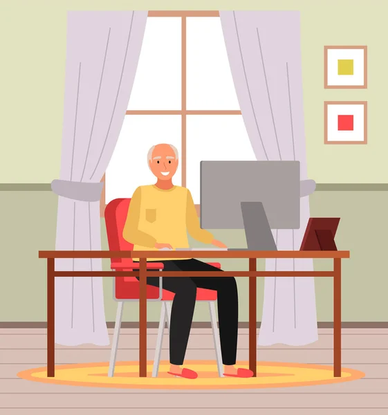 stock vector Old man play video game. Modern senior people gadgets. Oldster education computer. Old progressive use modern technology. Learning to use PC. Elderly gadgets. Aging parents video conference