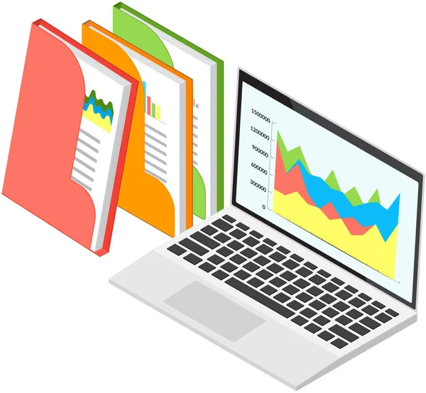 財務会計と統計概念で動作します レポート付きのビジネスプロセスダイアグラムドキュメント データ分析アプリ プロジェクト管理 マーケティングリサーチ グラフとチャートの分析 — ストックベクタ
