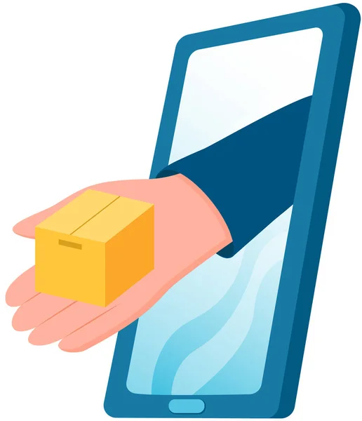 Teslimat Online Alışveriş Uygulaması Konsepti Adamları Ellerinde Karton Kutuyla Telefonda — Stok Vektör