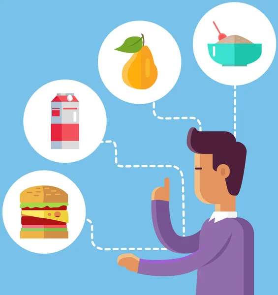 Man Met Verzameling Van Voedsel Pictogrammen Eten Gewoonten Voedsel Mind — Stockvector