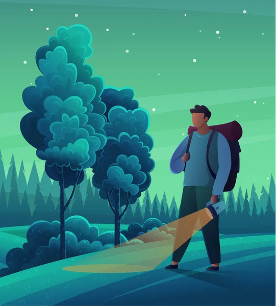 带着背包和手杖的男性游客带着手电筒在黑暗的森林里散步 户外旅行和野外露营 女旅行家在旅行 通过山路追踪探险时间 — 图库矢量图片