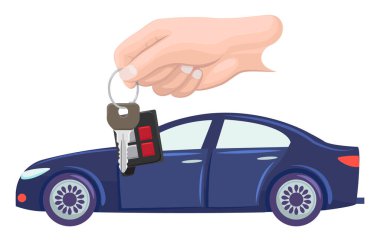 Araba karakter vektörüyle alınmış, anahtarla el. Mülk taşımacılığı düz stil. Modern tip otomobil, taşıma otomobili sahibi. Yeni bir mavi araba al. Düz çizgi film