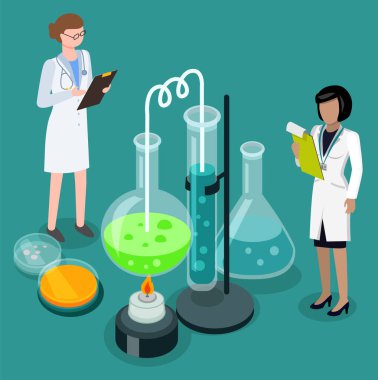Kadınlar deney sürecini ve sonuçlarını kontrol ediyorlar. Beyaz cüppeli bir kadın karakter sıcak maddeli tüplere bakıyor. Laboratuvarda testlerle ilgilenen iş arkadaşları. İzometrik tarzda vektör