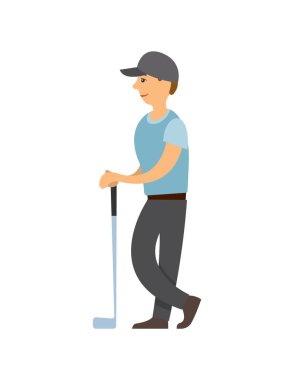 Golf oyuncusu çizgi film karakterini izole etti. Özel üniforma giyen vektör erkek, sopayla spor yapan kişi. Spor ve aktif yaşam tarzı, golf.