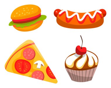 Etli burger, sosisli ve ketçaplı sosisli, domatesli pizza, mantar ve salam, kremalı ve kirazlı pasta. Fast food sembolü, fırın ürünü, tatlı ve sandviç, restoran vektörü