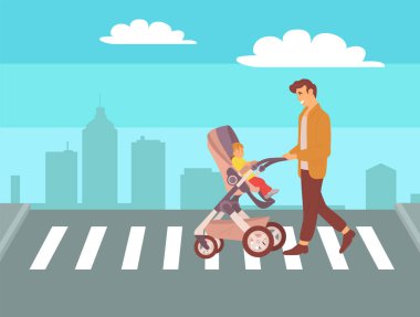 At arabasıyla yaya geçidinden geçen bir adam, çocuk arabasıyla giden bir baba, şehirde oturan bir aile eğlencesi, gökdelen manzarası, baba ve çocuk vektörünün şehir yürüyüşü, Babalar Günü konsepti.