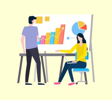 Proje geliştirme vektörü, analiz ve istatistikleri, grafikler ve bilgi grafikleri, ortakların işbirliği, kadın ve erkek