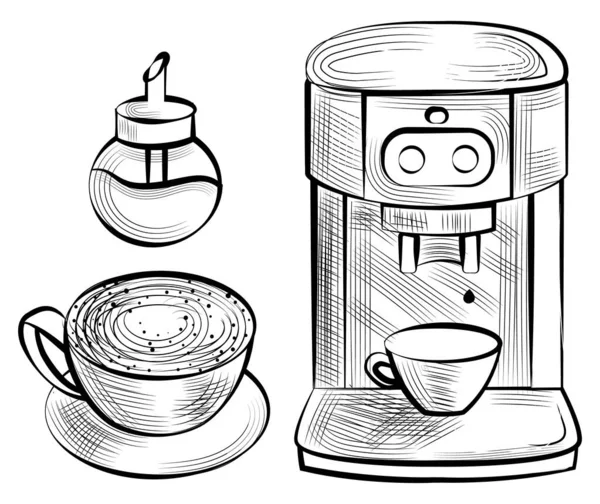 Přístroj Kávu Šálek Cappuccina Předměty Cukrové Misky Bílém Náčrt Aromatického — Stockový vektor