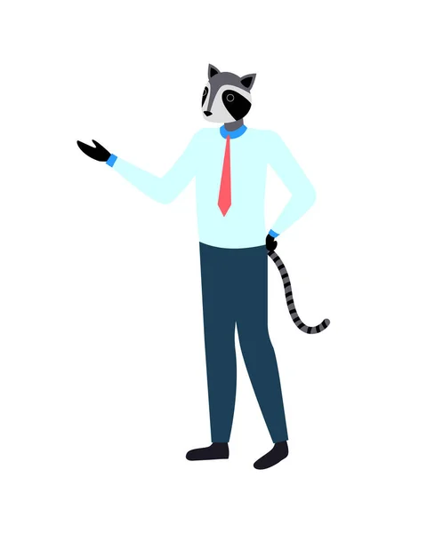 Raccoon Character Suit Presenting Element Worker Speech Portrait Full Length — Stock Vector