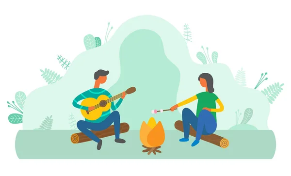 Stock vector People relaxing by bonfire in forest vector, man playing guitar and woman frying marshmallow. Rest on nature, male guitarist couple spending time outdoors