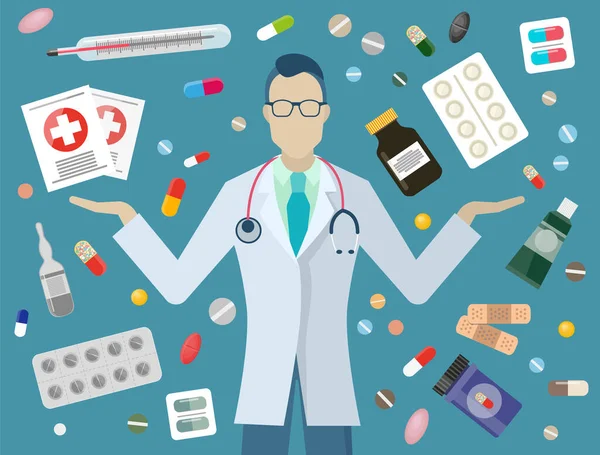Φαρμακείο Και Φάρμακα Γιατρός Και Χάπια Από Φαρμακείο Φαρμακοποιός Θεραπευτής — Διανυσματικό Αρχείο