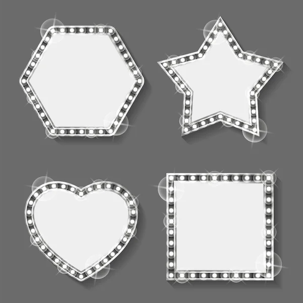 新的框架或银框架 恒星和心脏 正方形和六边形矢量 带有宝石 标牌模板 装饰边框的金属相框 — 图库矢量图片